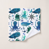 Blauer SeeAquarell-Fisch-Wal-Kraken-Marinesoldat Badhandtuch Set (Waschlappen)