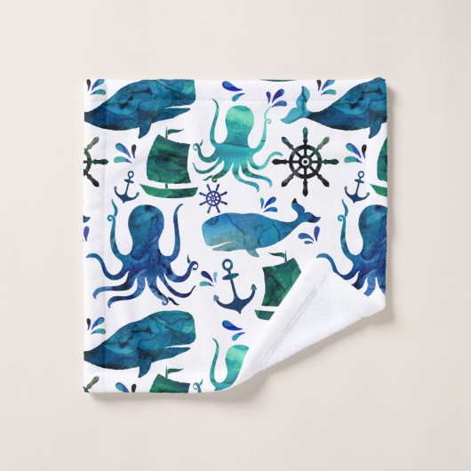 Blauer SeeAquarell-Fisch-Wal-Kraken-Marinesoldat Badhandtuch Set (Waschlappen)