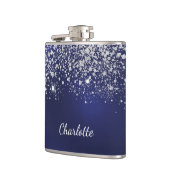 Blauer Silber Glitterstaub Monogramm Name Schrift Flachmann (Links)