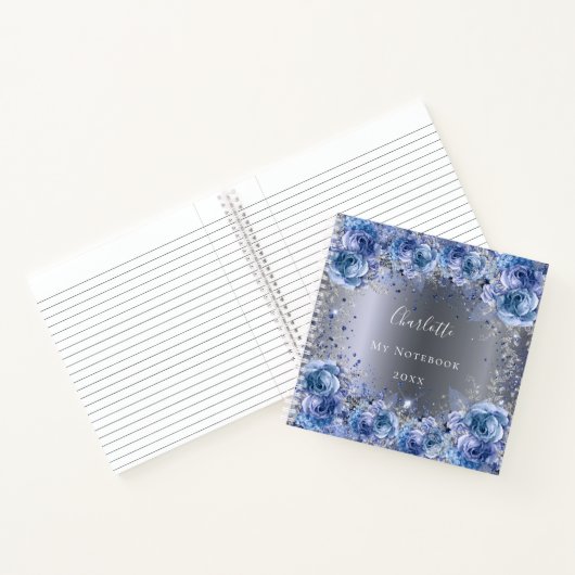 Blauer silberblütiger Glitzer Metallname Notizblock (Innenseite)