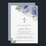 Blauer & Silberfarben Florische Religiöse Taufe Einladung<br><div class="desc">Dieses hübsche Design besticht durch einen Blumenstrauß in Aquarelltönen in Rosa und ein kleines Kreuz oben. Füllen Sie Ihre Informationen in der Vorlage aus. Verwenden Sie die Funktion "Anpassen",  um die Schriftart,  Textfarben oder das Layout zu ändern.</div>
