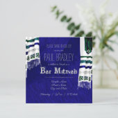 Blauer, Silbergebet Tallit Bar Mitzvah Einladung (Stehend Vorderseite)