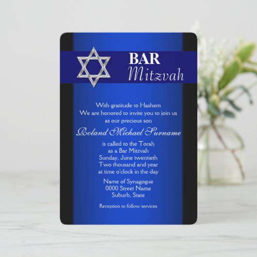 Blauer silberner Bar mitzvas blauer Hintergrund Einladung (Stehend Vorderseite)