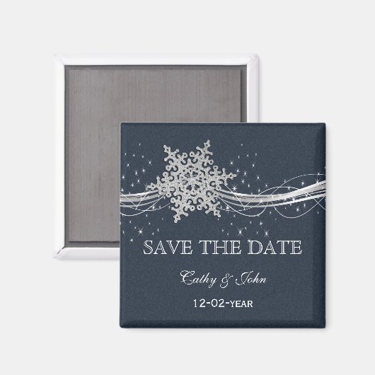 Blauer silberner Schneeflocke-Winter Save the Date Magnet (Vorderseite/Rückseite)