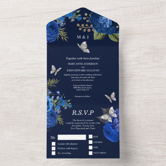 Blauer Silberschmetterling Rose All In One Einladung (Innen)