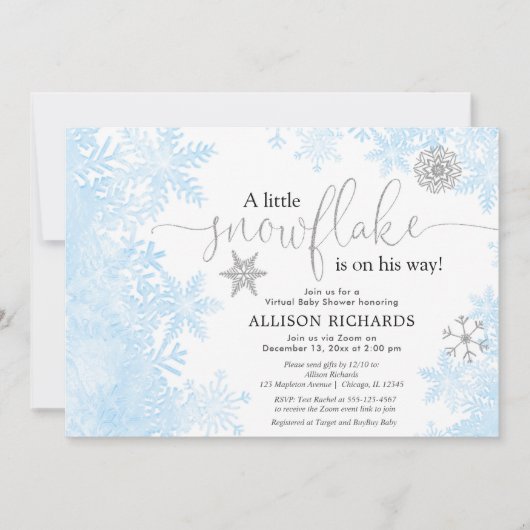 Blauer Silberschneefloff Virtuelle Kinderdusche Einladung (Vorderseite)