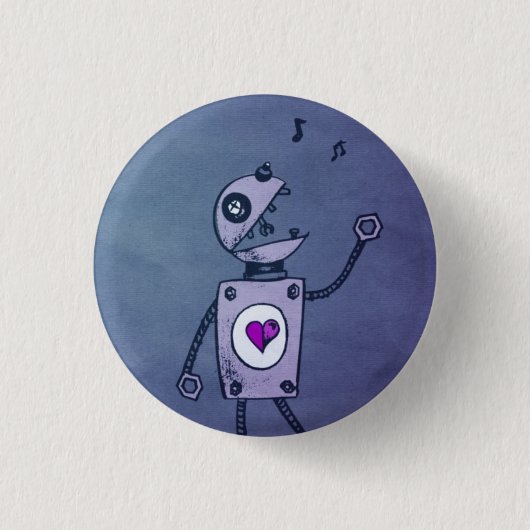 Blauer singender Retro-lustiger Roboter-Cartoon Button (Vorderseite)