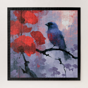 Blauer Singvogel mit kirschroten Blüten Puzzle
