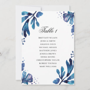Blauer Sitzplan mit Blumen. Hochzeitsplan der Mari Einladung
