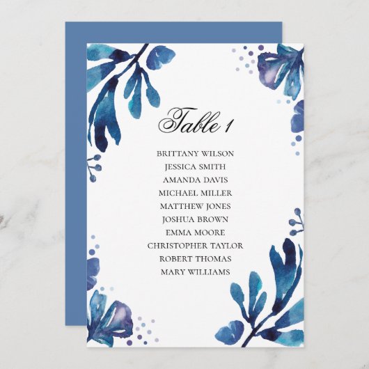 Blauer Sitzplan mit Blumen. Hochzeitsplan der Mari Einladung (Vorne/Hinten)