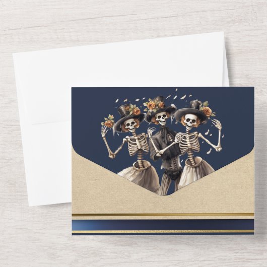 Blauer Skelettbäumchen gotische Hochzeit All In One Einladung (Rückseite)