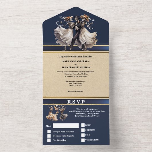 Blauer Skelettbäumchen gotische Hochzeit All In One Einladung (Innen)