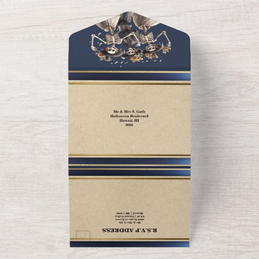 Blauer Skelettbäumchen gotische Hochzeit All In One Einladung (Außenbereich)