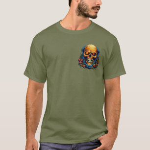Blauer Skelettkopf mit orangem Leuchten Halloween T-Shirt