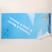 Blauer Sommer, heller Himmel, weißer Name Strandtuch (Vorderseite)