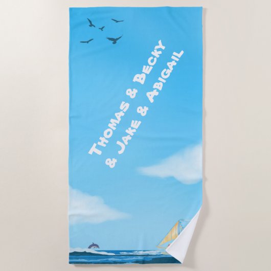 Blauer Sommer, heller Himmel, weißer Name Strandtuch (Vorderseite)
