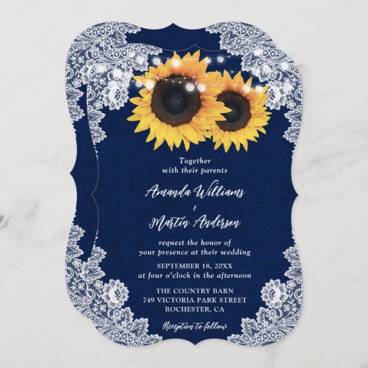 Blauer Sonnenblume Burlap Bläsersatz Hochzeit Einladung (Vorne/Hinten)