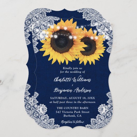 Blauer Sonnenblume Burlap Bläsersatz Hochzeit Einladung (Vorne/Hinten)