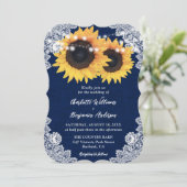 Blauer Sonnenblume Burlap Bläsersatz Hochzeit Einladung (Stehend Vorderseite)