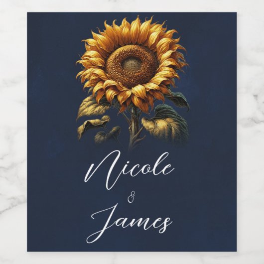 Blauer Sonnenblumen Hochzeitsstich Brautparty Weinetikett (Einzelnes Label)