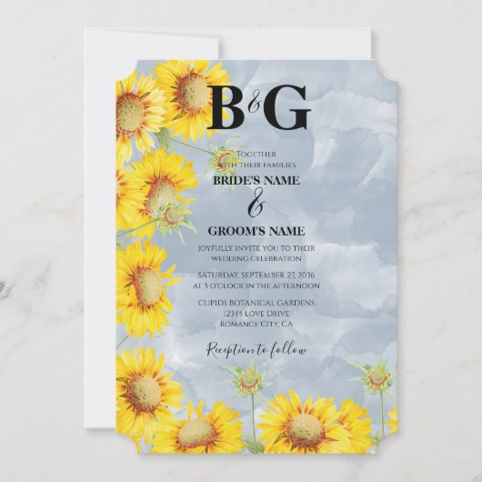 Blauer Sonnenblumen Monogramm Hochzeit Einladung (Vorderseite)