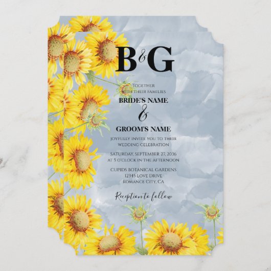 Blauer Sonnenblumen Monogramm Hochzeit Einladung (Vorne/Hinten)