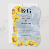 Blauer Sonnenblumen Monogramm Hochzeit Einladung (Vorderseite)