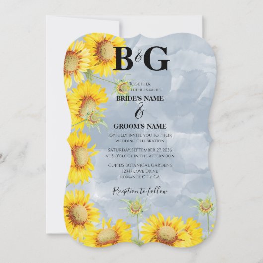Blauer Sonnenblumen Monogramm Hochzeit Einladung (Vorderseite)