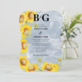 Blauer Sonnenblumen Monogramm Hochzeit Einladung (Stehend Vorderseite)