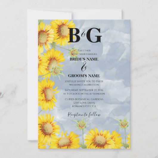 Blauer Sonnenblumen Monogramm Hochzeit Einladung (Vorderseite)