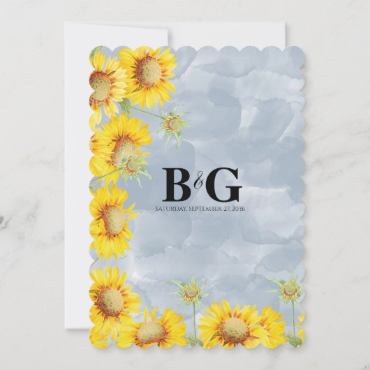 Blauer Sonnenblumen Monogramm Hochzeit Einladung (Rückseite)