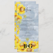 Blauer Sonnenblumen Monogramm Hochzeit Menükarte (Vorne/Hinten)