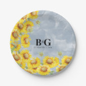 Blauer Sonnenblumen Monogramm Hochzeit Pappteller (Vorderseite)