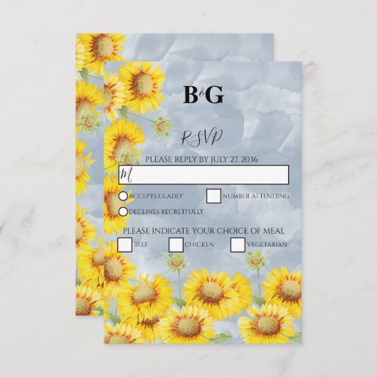 Blauer Sonnenblumen Monogramm Hochzeit RSVP Karte (Vorne/Hinten)