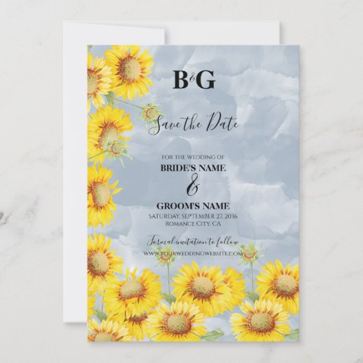 Blauer Sonnenblumen Monogramm Hochzeit Save The Date (Vorderseite)