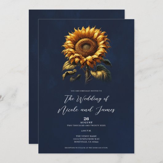 Blauer Sonnenblumenzug Einladung (Vorne/Hinten)