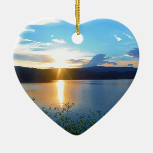 Blauer Sonnenuntergang am See Keramik Ornament (Vorne)