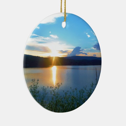 Blauer Sonnenuntergang am See Keramik Ornament (Rechts)