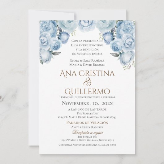 Blauer Spanischer Hochzeitsempfang Einladung (Vorderseite)