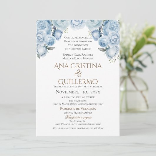 Blauer Spanischer Hochzeitsempfang Einladung (Stehend Vorderseite)
