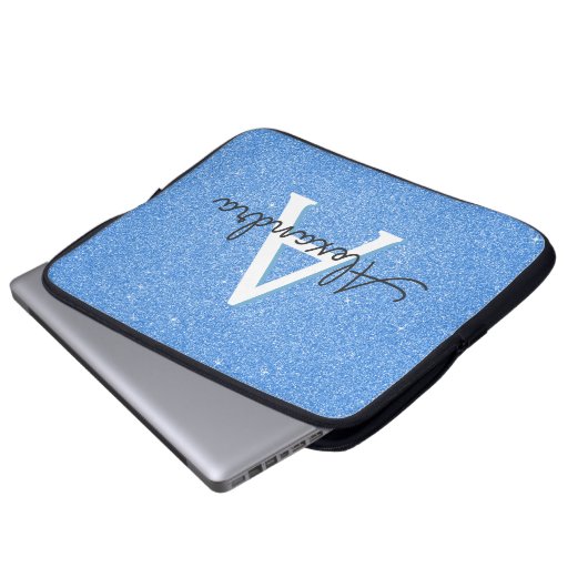 Blauer Sparkor und Glitzer Monogram Laptopschutzhülle (Vorne Knopf)