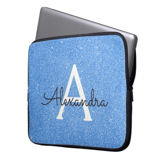 Blauer Sparkor und Glitzer Monogram Laptopschutzhülle (Vorderseite Links)