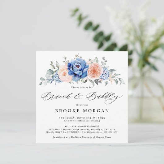 Blauer Spatenstich, rosafarbener Rosa Brunch & Bub Einladung (Stehend Vorderseite)