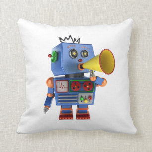 Blauer Spielzeugroboter mit Megaphon Kissen