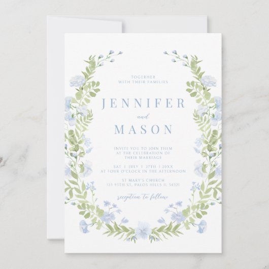 Blauer Sping Blume Grüne Hochzeit Einladung (Vorderseite)