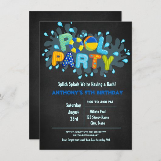 Blauer Splitter kommt in unser Bash Pool Party Einladung (Vorne/Hinten)