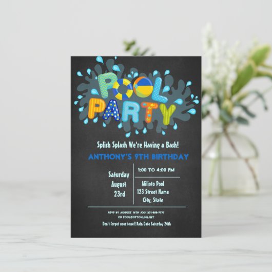 Blauer Splitter kommt in unser Bash Pool Party Einladung (Stehend Vorderseite)