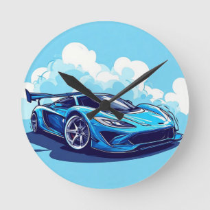 Blauer Sportwagen unter klarem Himmel Runde Wanduhr