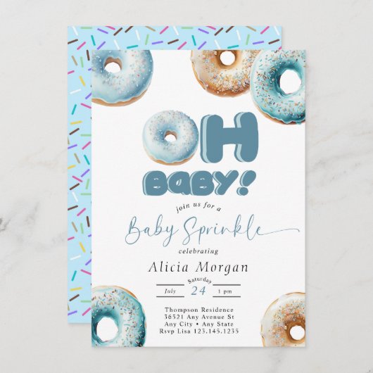 Blauer Sprinkle | Donut | Baby Sprinkle Einladunge Einladung (Vorne/Hinten)