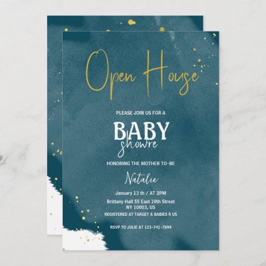 Blauer Sprinkle Gold Babydusche Einladung (Vorne/Hinten)